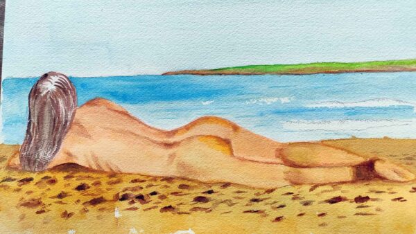 Acuarela con Desnudo en la playa de Formentera