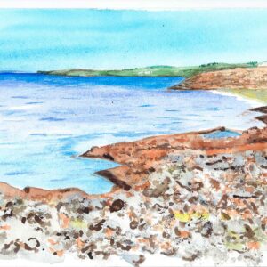 Acuarela con paisaje de una playa rocosa de Formentera