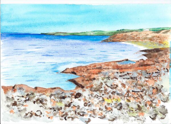 Acuarela con paisaje de una playa rocosa de Formentera