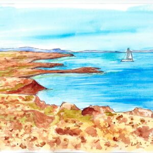 Acuarela con paisaje marítimo y velero de una playa de Formentera