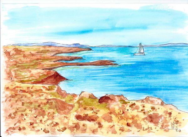 Acuarela con paisaje marítimo y velero de una playa de Formentera
