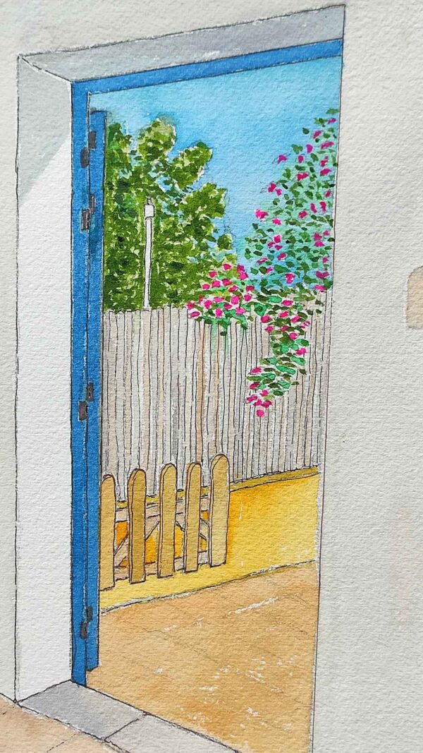 Acuarela con portal típico de las casas de Formentera