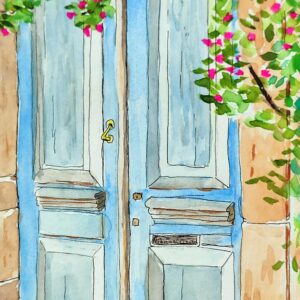 Acuarela con portal típico de las casas de Formentera